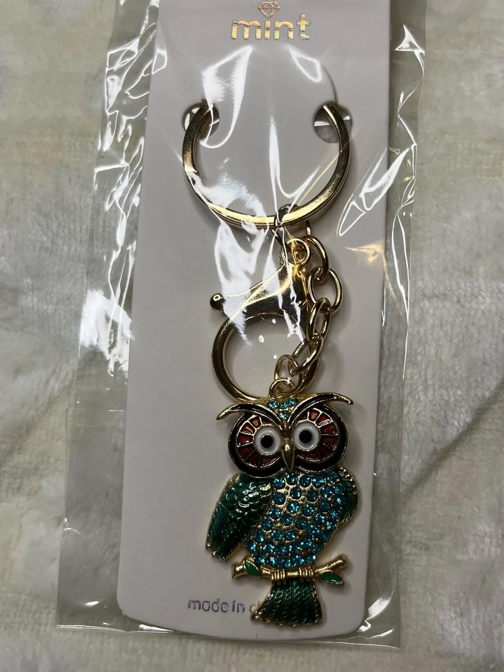 Mint Gold-Tone Owl Keychain with Teal and Red Enamel
